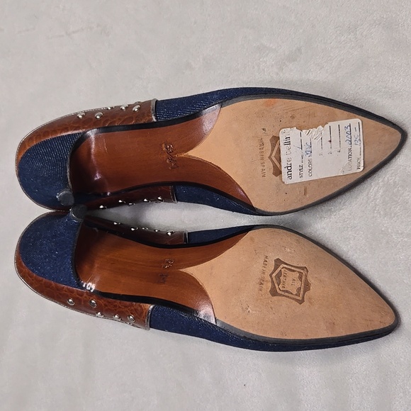 VINTAGE DENIM KITTEN HEEL Diva Blue and Brown Stiletto Heels with Elegant Design - Picture 6 of 11